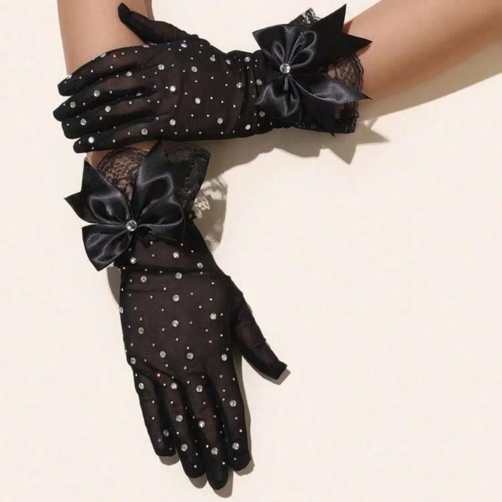 1 Pair Rhinestones Decorated Lace Bowknot Short Gloves, Elegant Ladies
